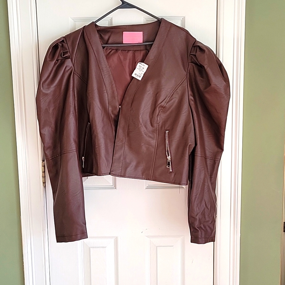 Beautiful puff sleeve crop faux leather brown jacket nwt - Picture 1 of 4